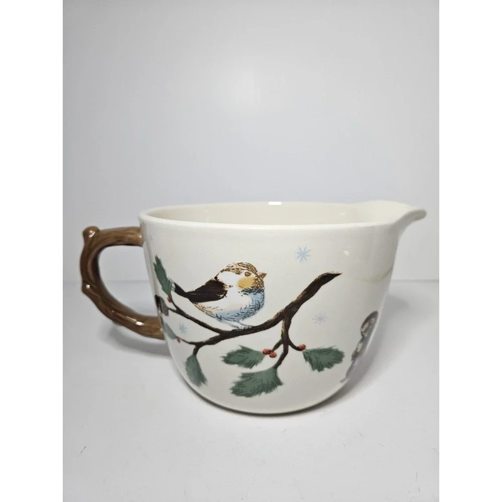 Christmas Bird Gnome Ceramic Batter Bowl Spout Faux Twig Handle Holiday Time 2Qt